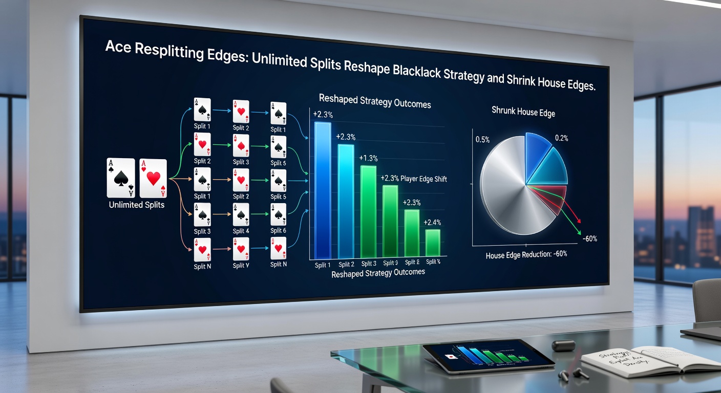 Strategy chart excerpt detailing ace resplit decisions versus various dealer upcards, with color-coded EV gains highlighted for unlimited rules