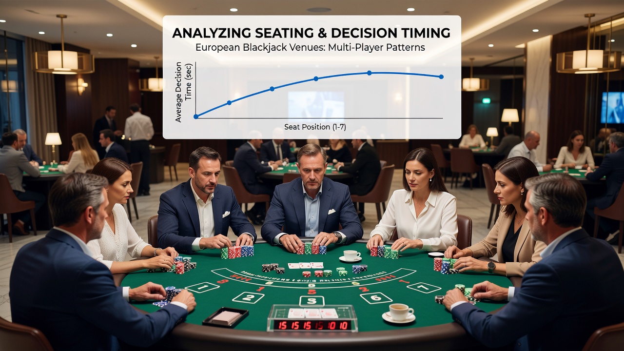 Blackjack table layout showing varied player seating positions relative to the dealer in a European casino setting