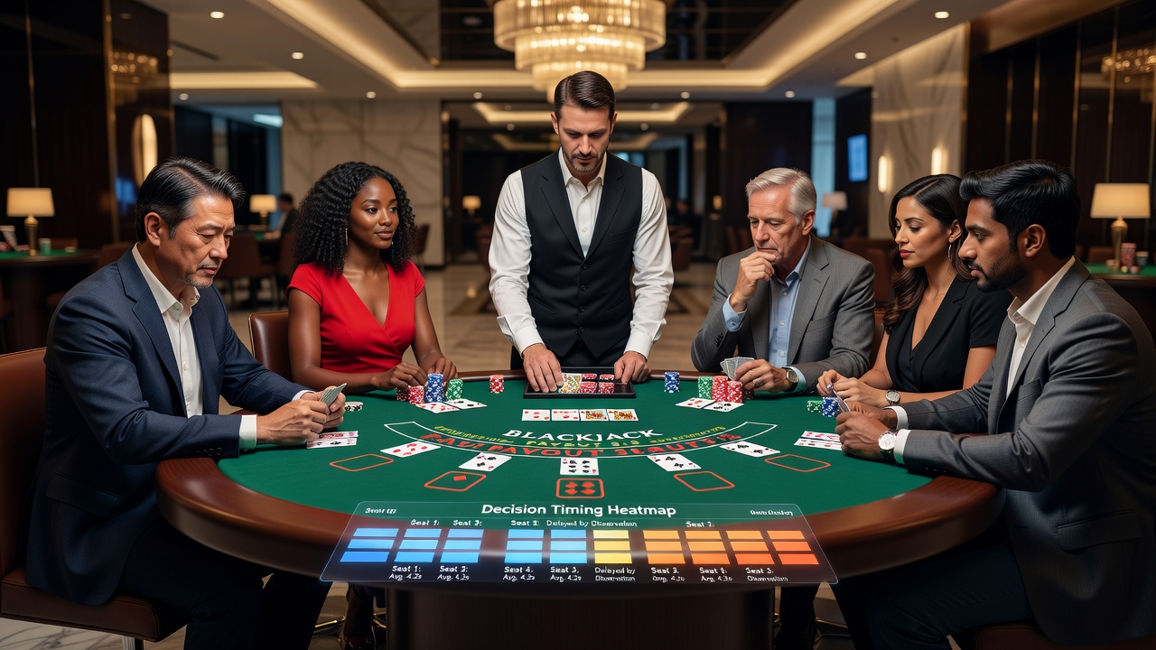 Overhead view of multi-player blackjack table illustrating how seating order affects decision sequence and timing
