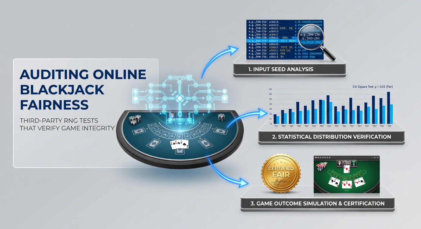 Digital visualization of RNG testing process with graphs and certification seals verifying blackjack game fairness