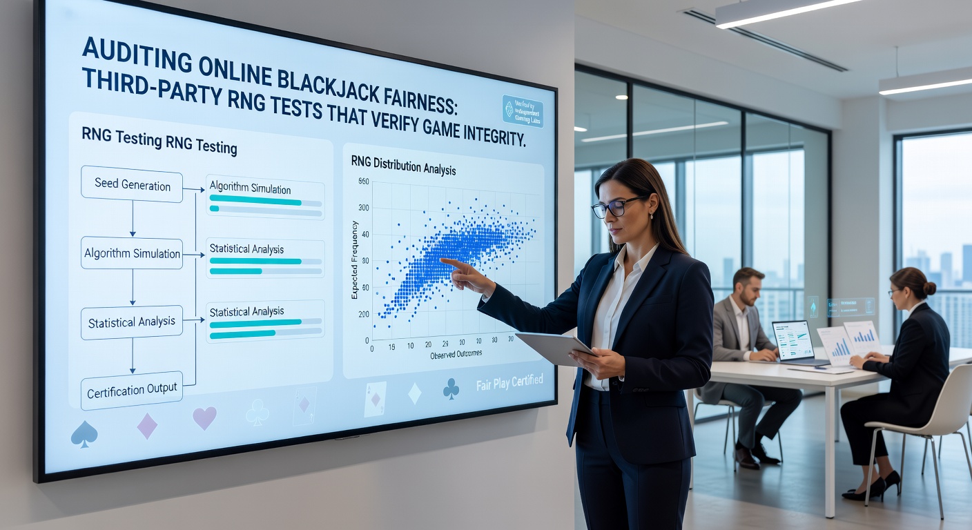 Close-up of lab technicians analyzing RNG data streams on multiple monitors during a blackjack fairness audit