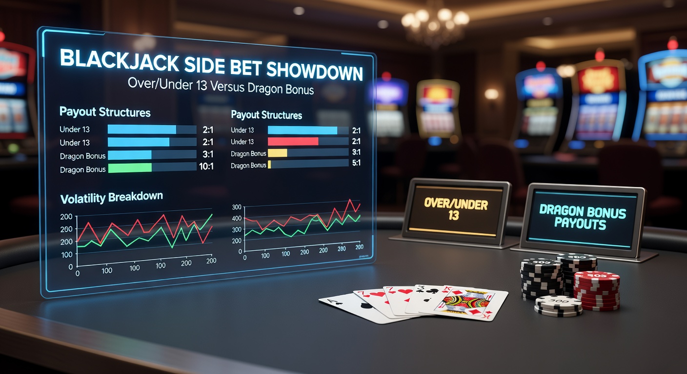 Close-up of a blackjack table displaying Over/Under 13 and Dragon Bonus side bet options amid a lively casino floor