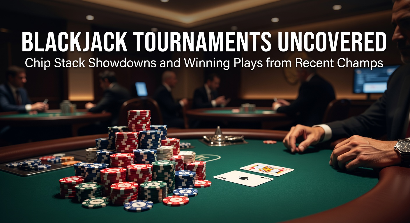 Players intensely focused at a blackjack tournament table, chips stacked high amid tense showdowns