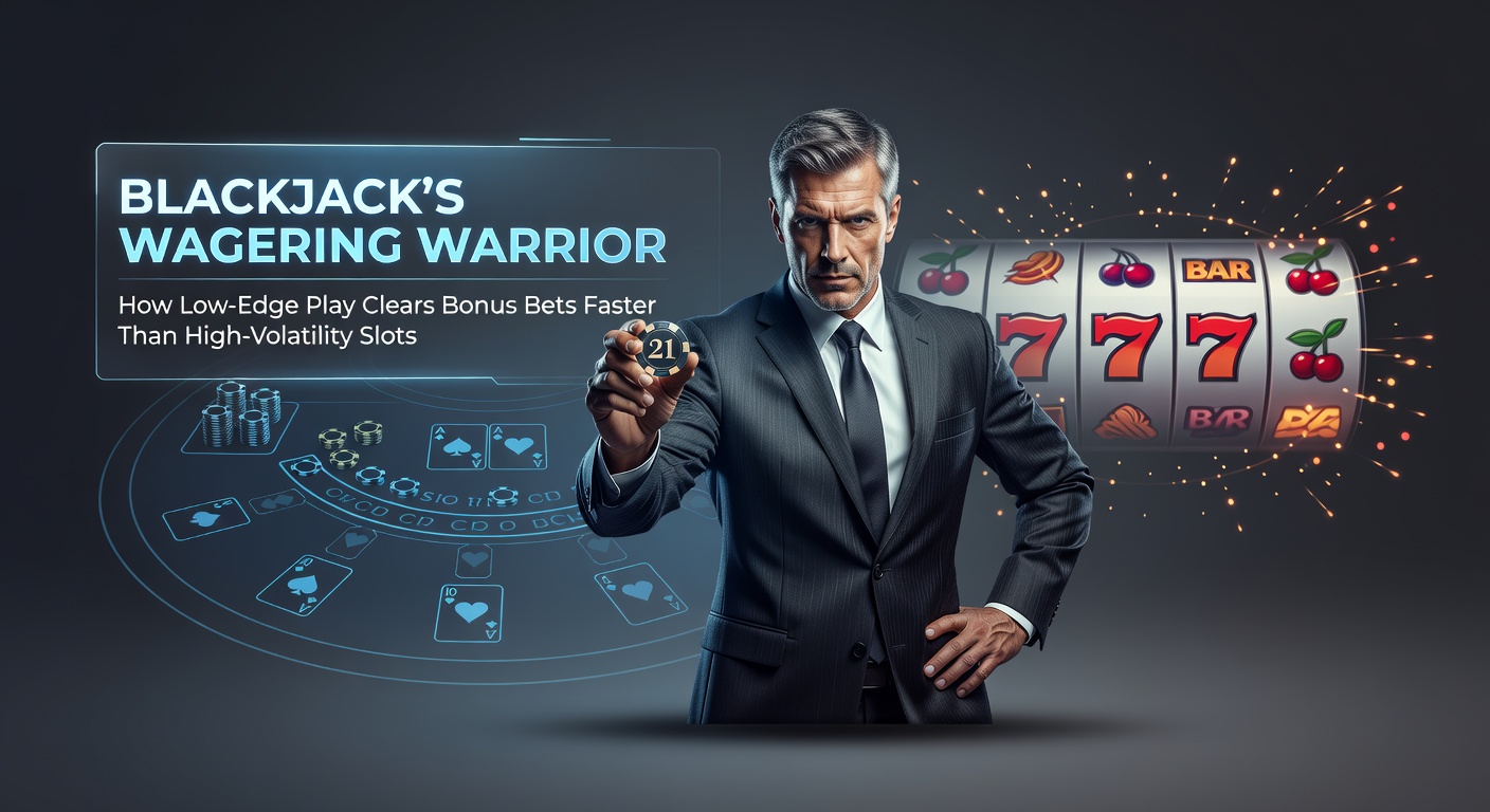 A blackjack table with chips stacked neatly, symbolizing strategic low-edge wagering against the backdrop of colorful slot machines