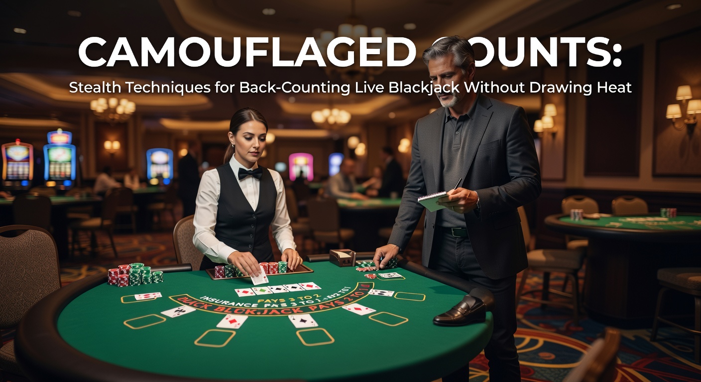 A blackjack table in a bustling casino with players focused on their hands, subtle card counting signals in the background