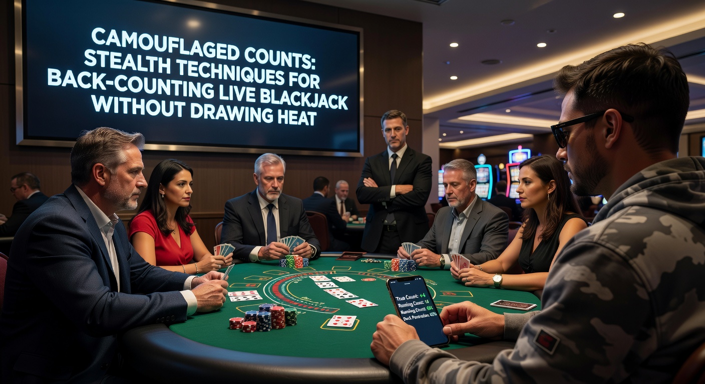 Close-up of a player subtly observing a blackjack shoe from the sidelines, blending with casual onlookers in a lively casino environment