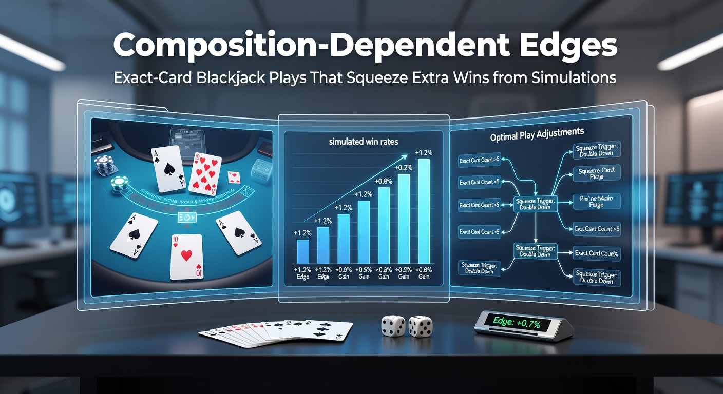 A detailed blackjack strategy chart highlighting composition-dependent deviations from basic strategy, with simulated edge calculations overlaid on specific hand matchups.