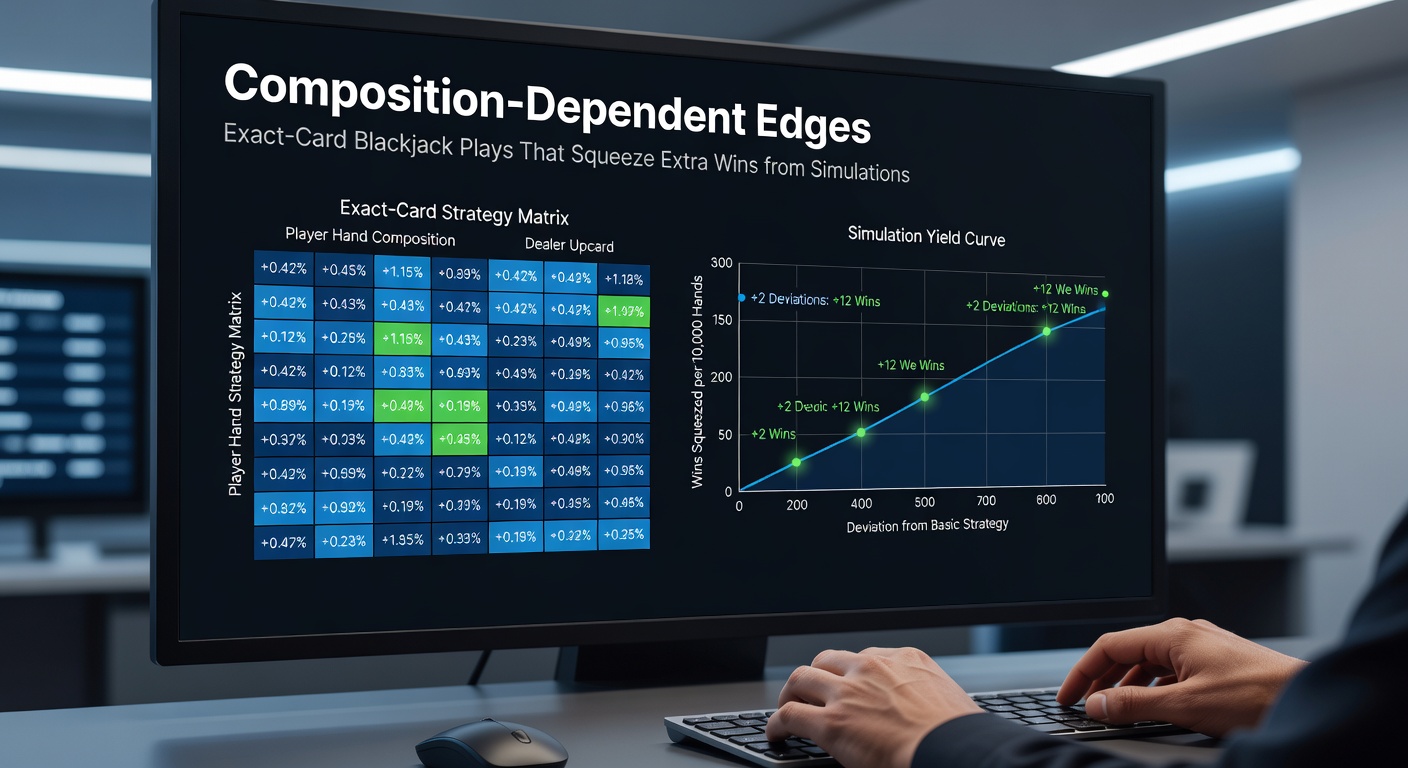 Simulation output screenshot from blackjack software displaying edge graphs for composition-dependent strategies, comparing basic versus exact-card plays across various deck counts.