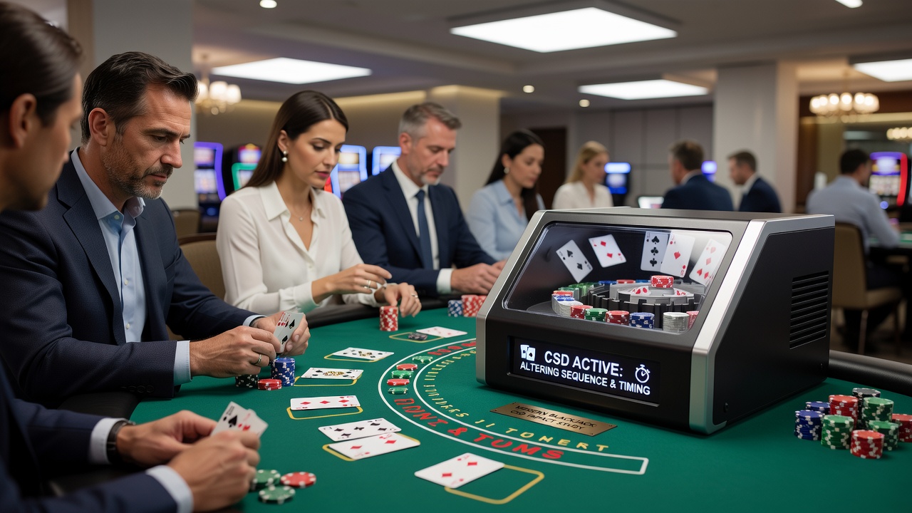 Close-up view of cards entering a continuous shuffle machine during active play at a multi-deck blackjack table