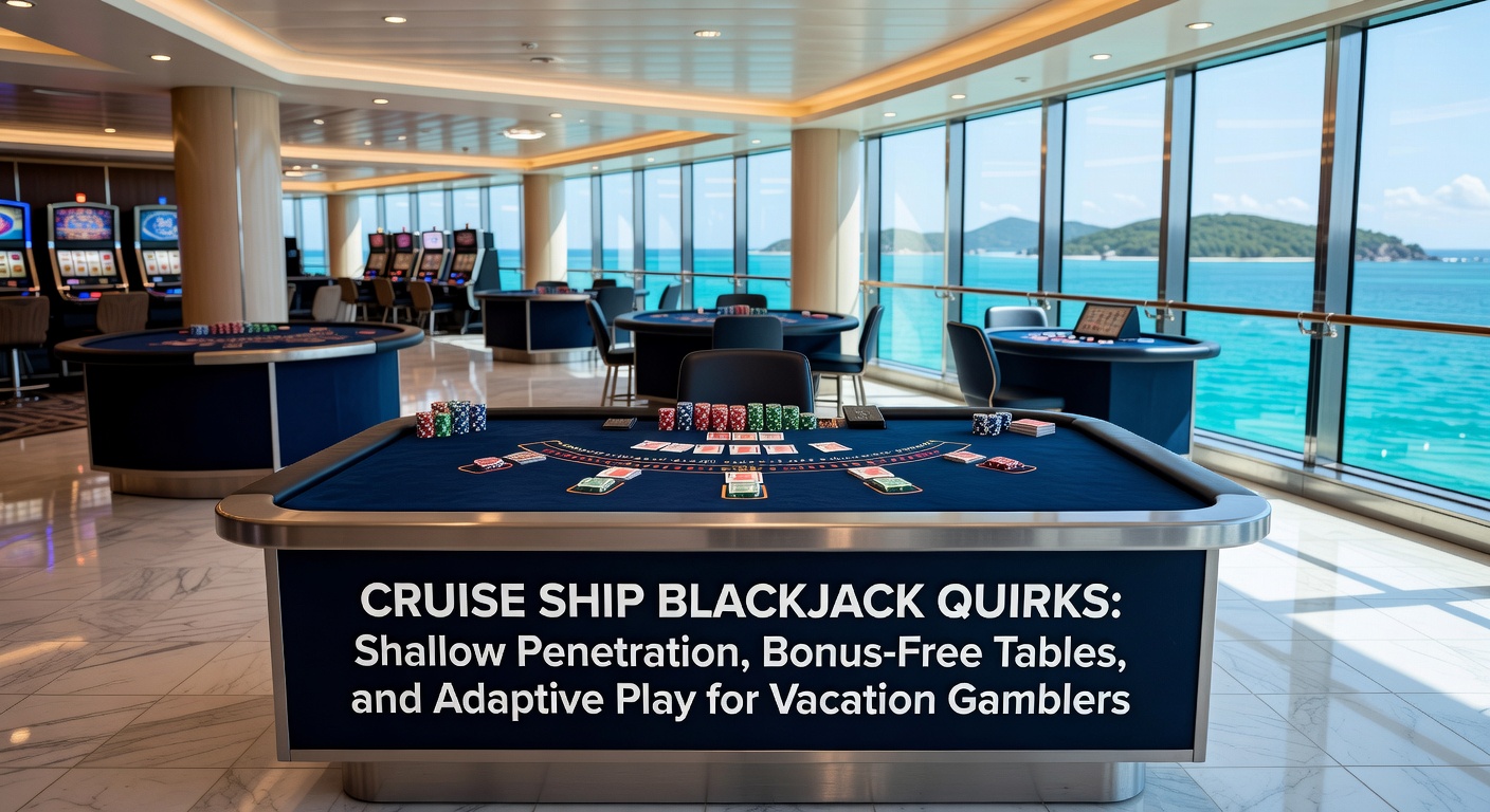Vibrant cruise ship casino floor at night, with blackjack tables packed with vacationers under colorful lights