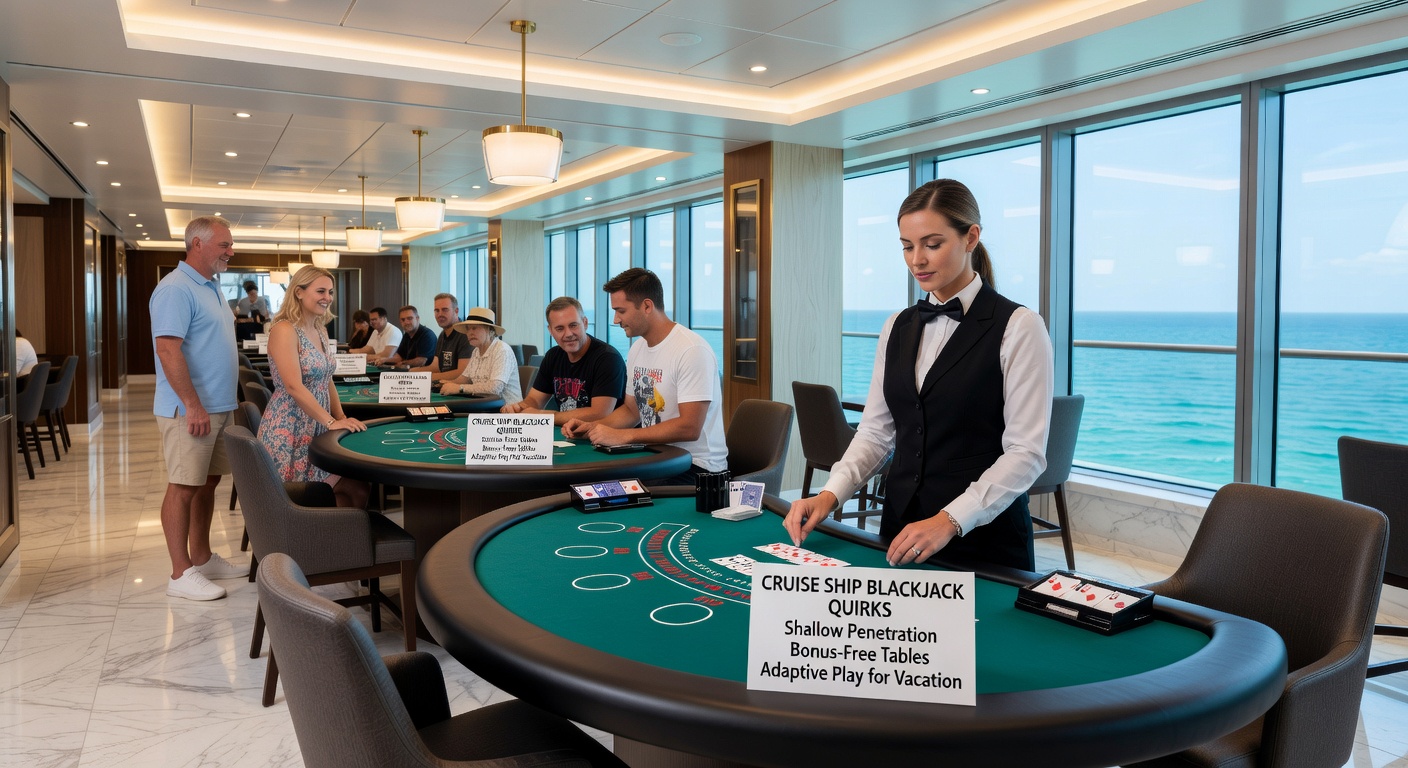 Close-up of a cruise ship blackjack table with no side bet signage, dealer mid-hand amid cheering players