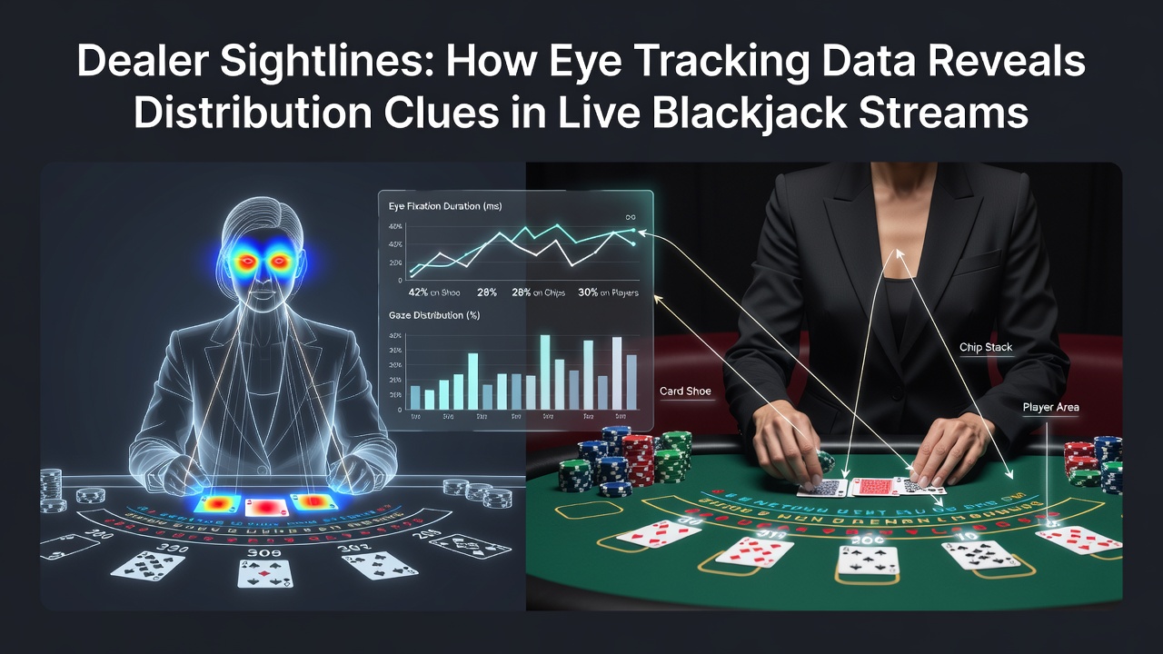 Eye tracking cameras positioned around a live blackjack dealer table capturing gaze patterns during card handling