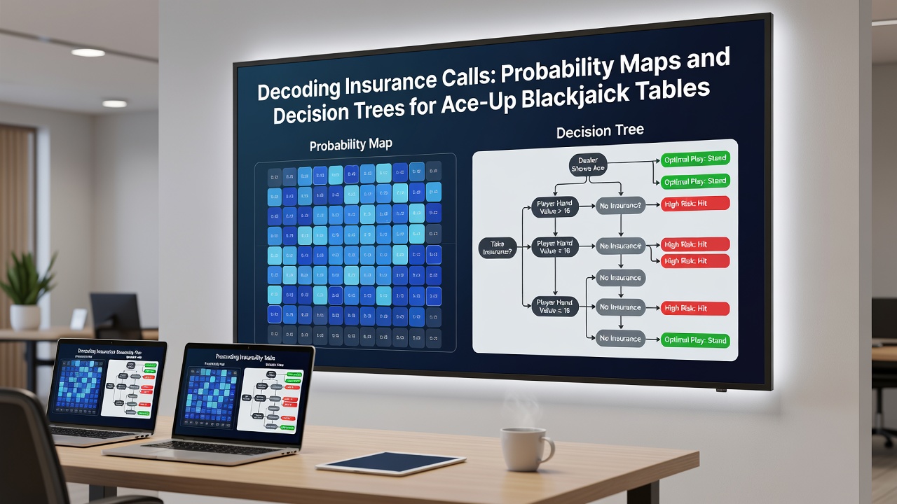 Decision tree flowchart illustrating insurance call branches for ace-up blackjack scenarios at different true counts