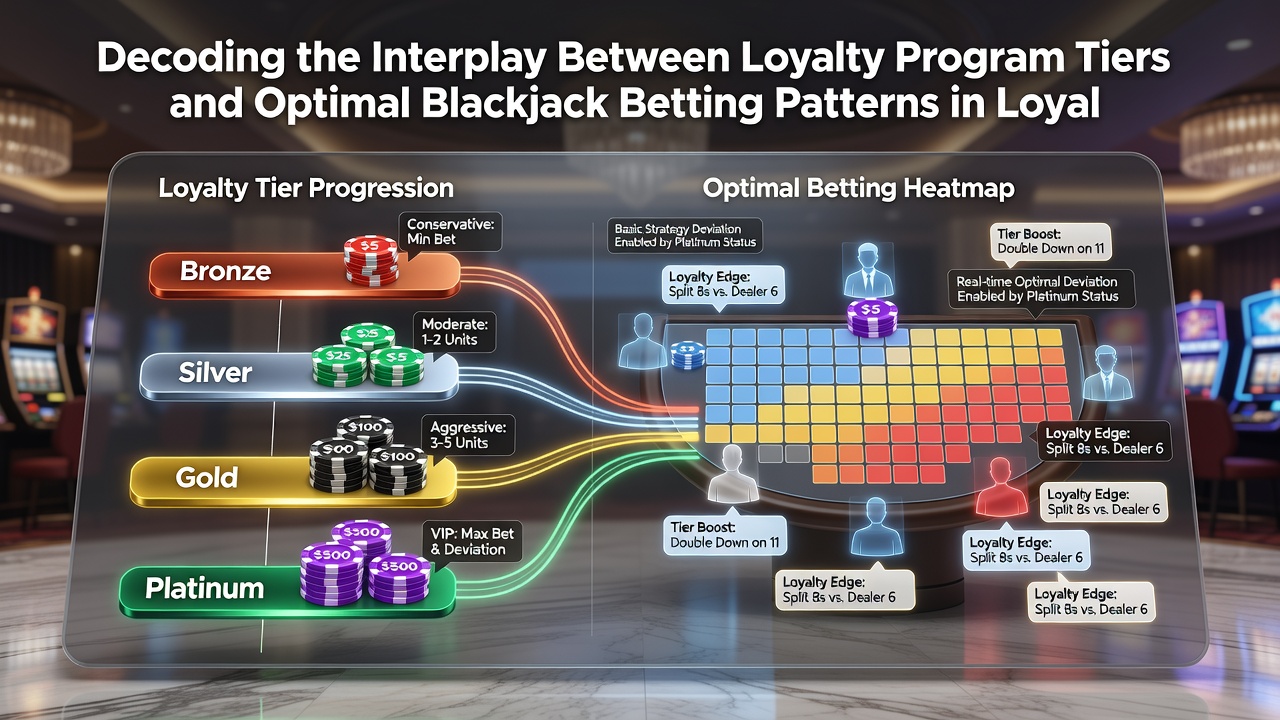 Casino floor view showing players at blackjack tables with digital loyalty screens displaying tier progress and bet history