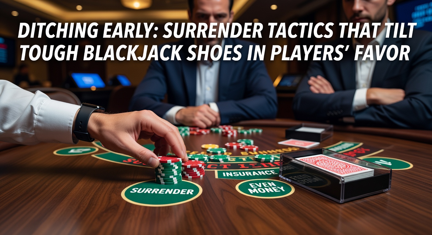 Blackjack table with dealer showing an ace and player contemplating surrender, highlighting tense decision moments in a tough shoe