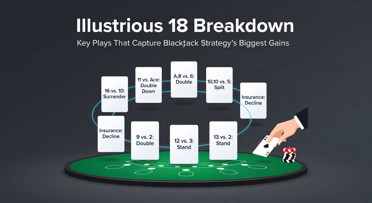 Graphic chart displaying the top Illustrious 18 blackjack index plays with their relative value gains ranked by EV impact