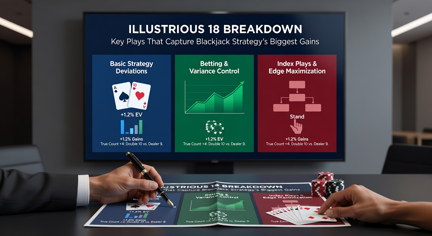 Detailed table visualization of the Illustrious 18 plays, highlighting insurance, 16 vs 10, and double-down indices with EV percentages