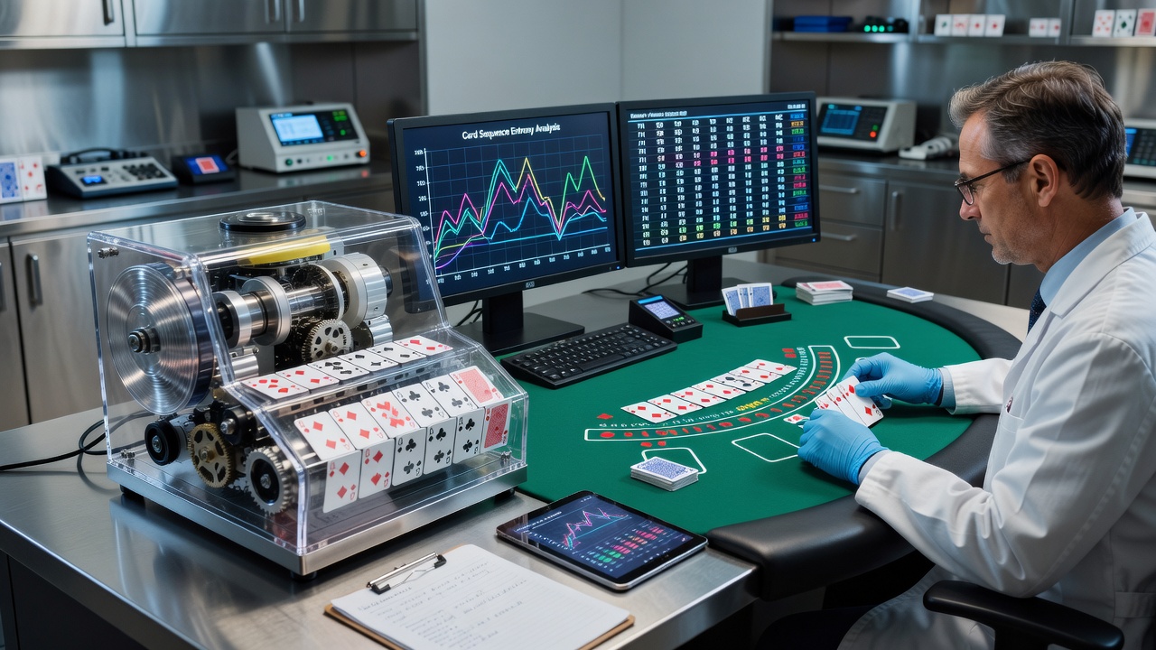 Close-up view of card flow through a continuous shuffle machine mechanism