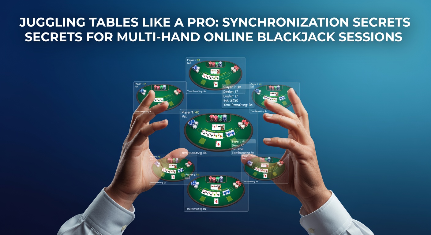 Player interface showing multiple synchronized blackjack tables on a screen, with hands in play across tabs