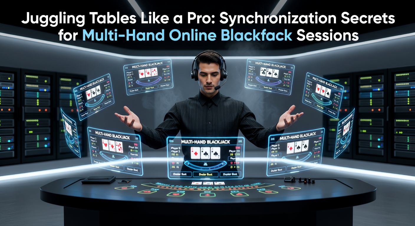 Close-up of a multi-monitor setup displaying synced blackjack hands, strategy charts overlayed, and timing indicators