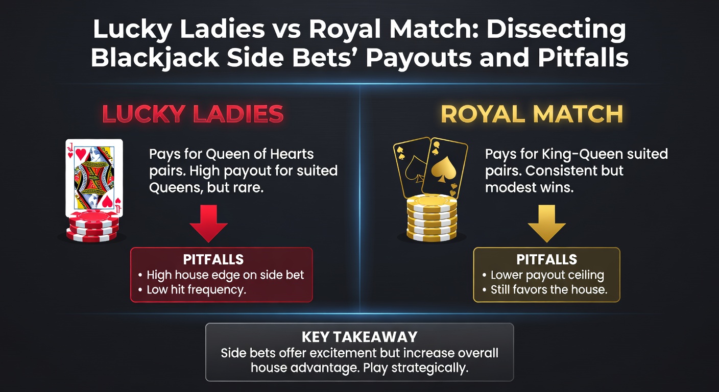 Blackjack table featuring Lucky Ladies and Royal Match side bet options, with chips stacked near illuminated payout displays