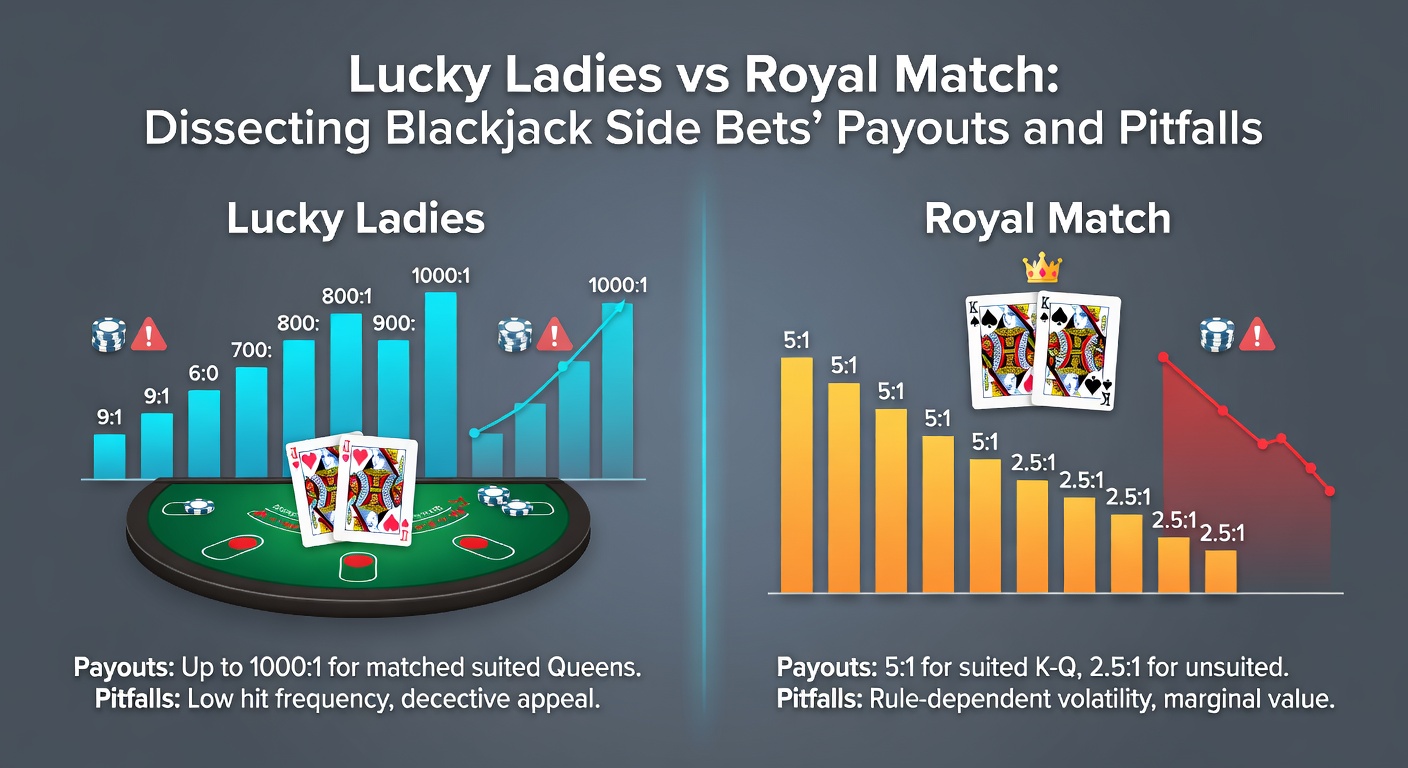 Close-up of a blackjack hand showing a suited king-queen pair next to the dealer's matching upcard, highlighting Royal Match win with glowing payout indicator