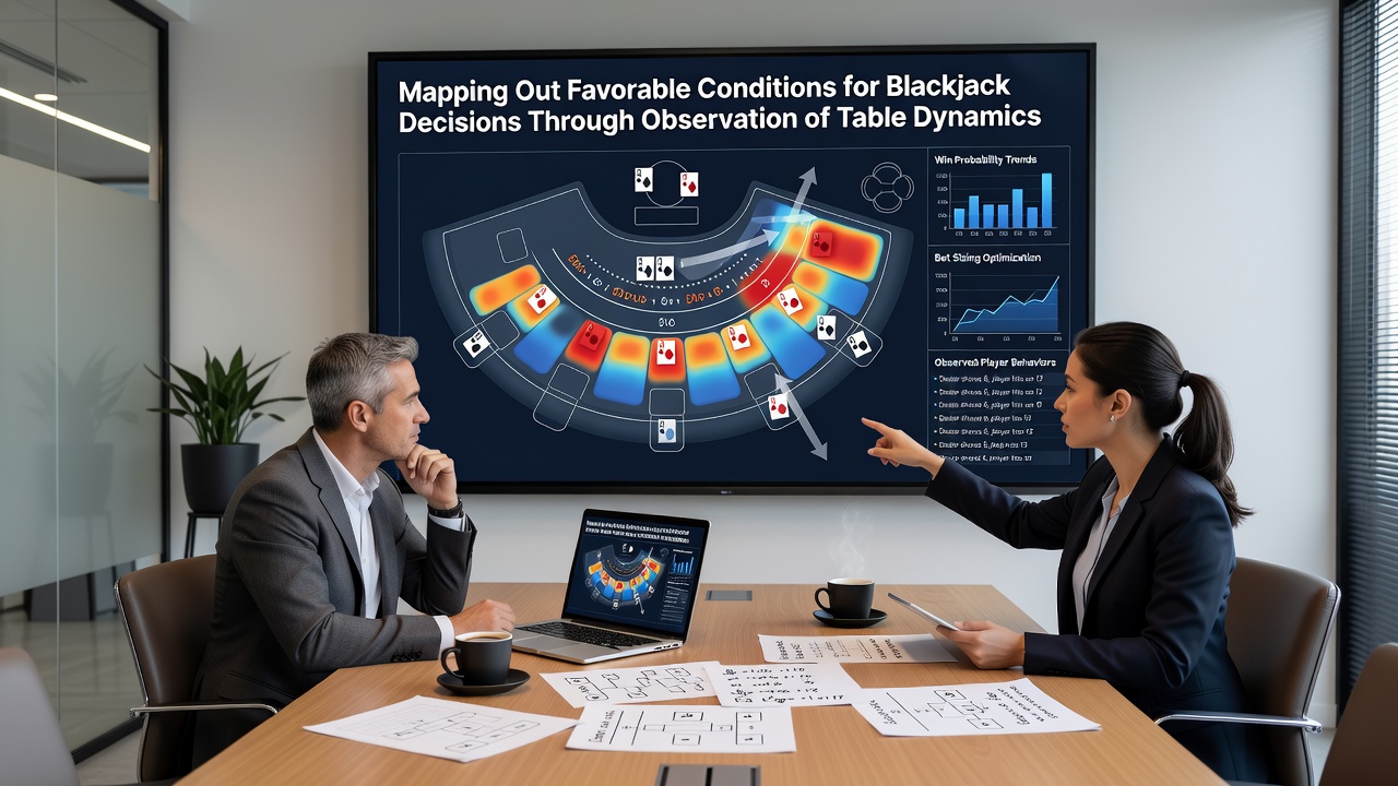 Casino floor view illustrating multiple blackjack tables with varying player counts and dealer activity