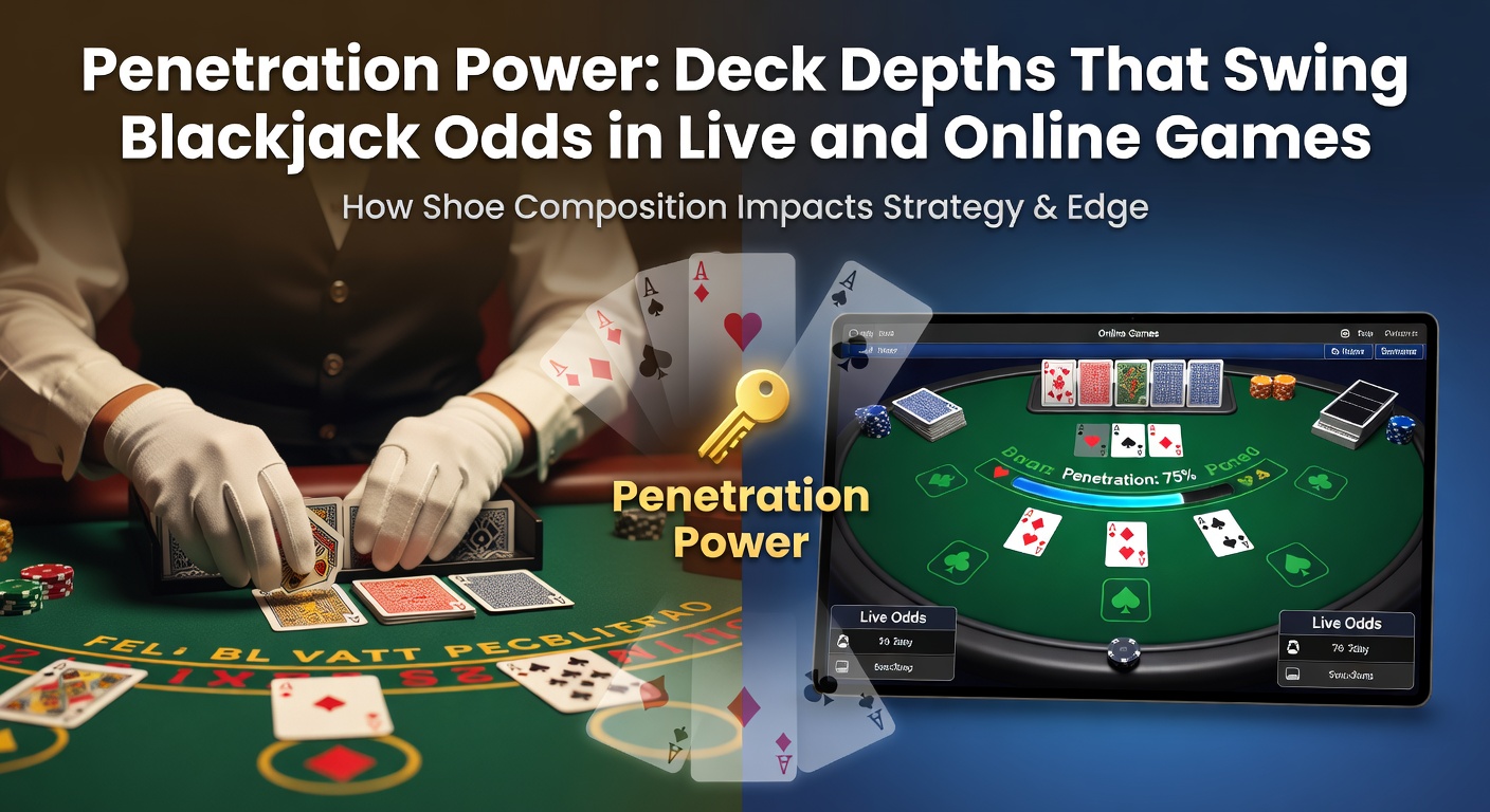 A blackjack dealer shuffling cards in a multi-deck shoe at a lively casino table, highlighting the penetration depth before reshuffle