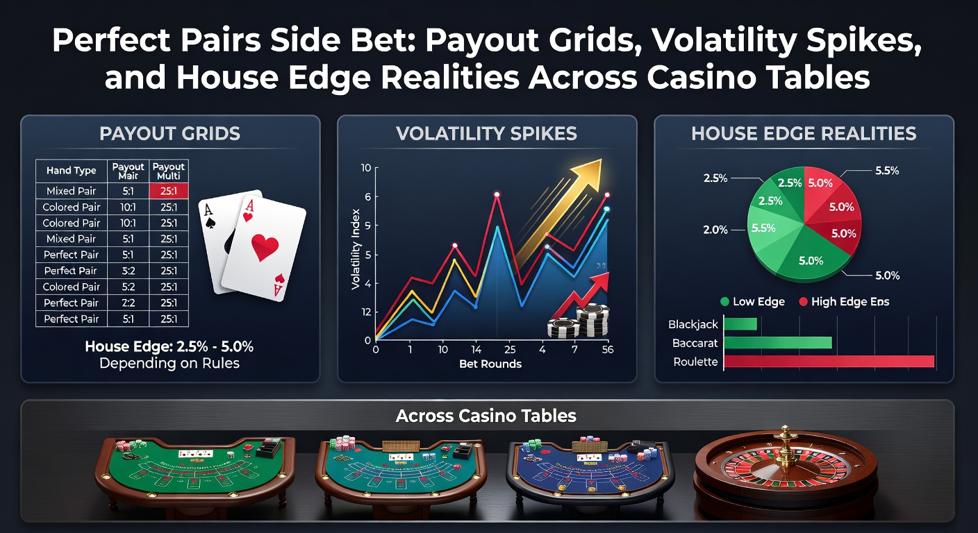 Casino table displaying Perfect Pairs side bet options with illuminated payout grids under bright lights