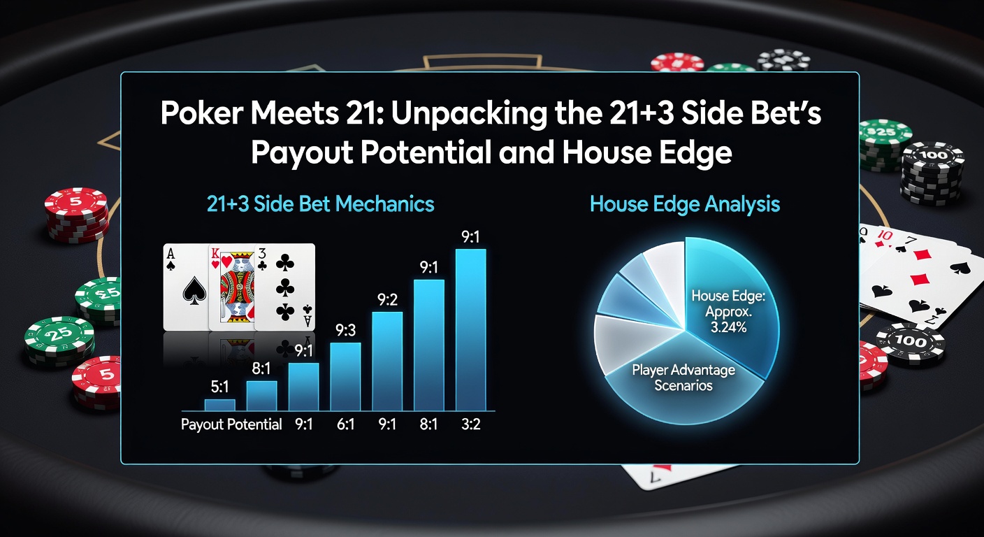 Illustration of a blackjack table featuring the 21+3 side bet circle with poker hand combinations glowing on the layout