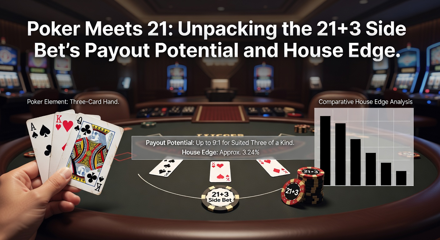 Close-up of a 21+3 side bet win on a digital blackjack screen, showing three cards forming a straight flush with payout chips stacking up