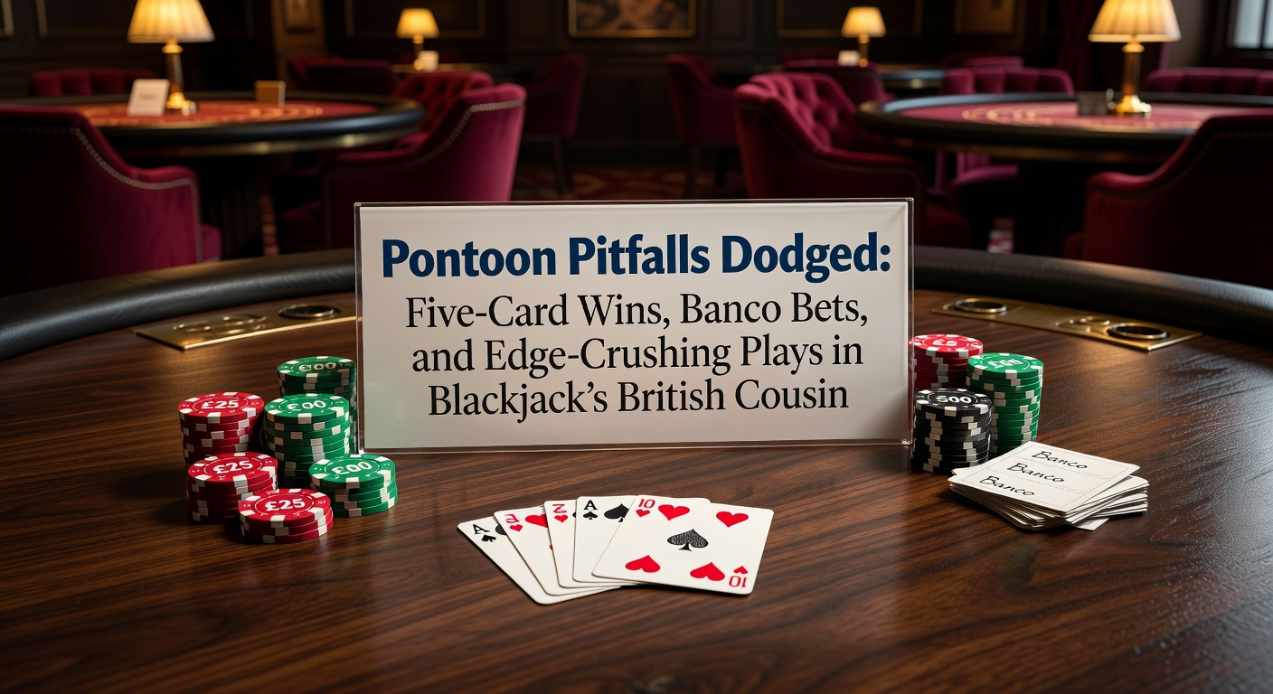 Vibrant Pontoon table setup showing five-card hands, Banco bet chips, and dealer peeking at hole cards under British casino lights