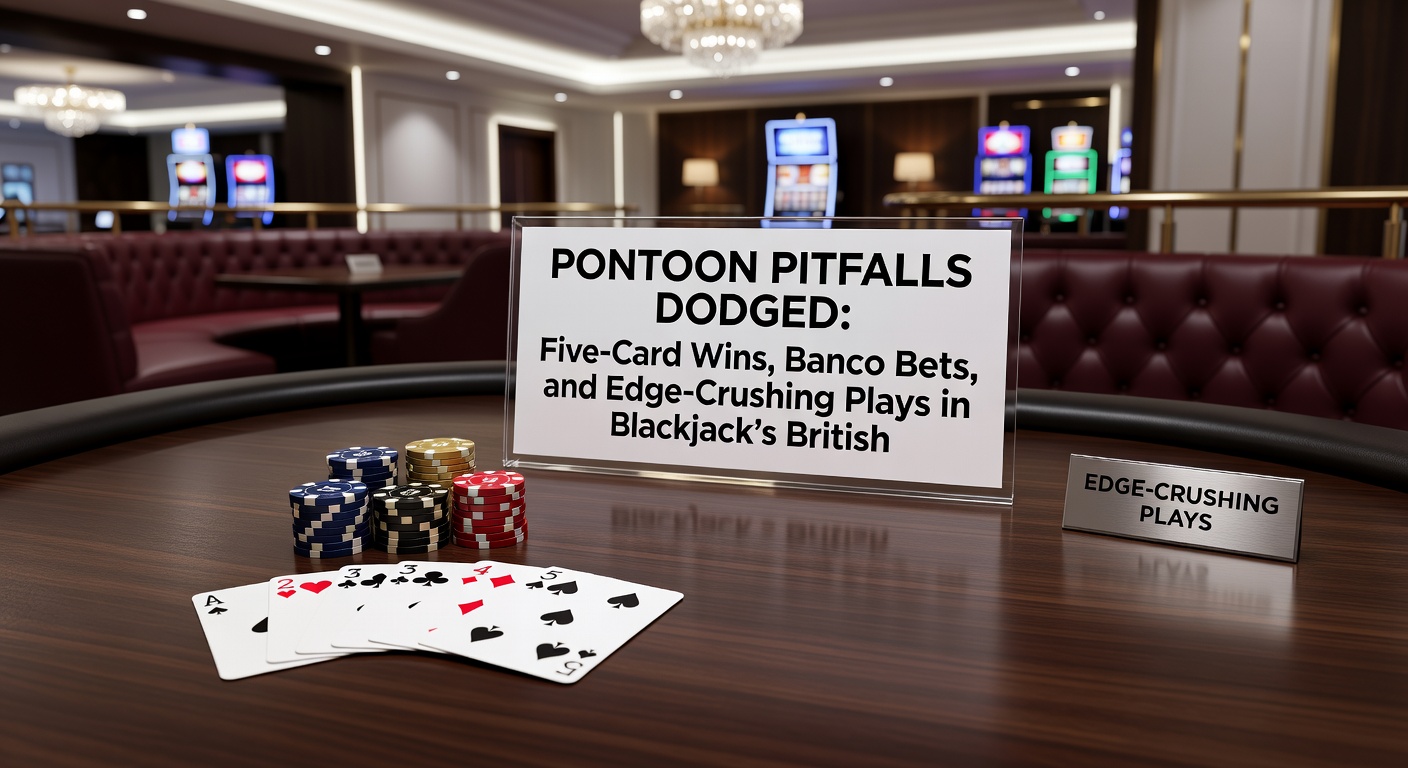 Close-up of a player's five-card 21 hand triumphing over dealer's exposed cards, with chips stacking for the 2:1 payout