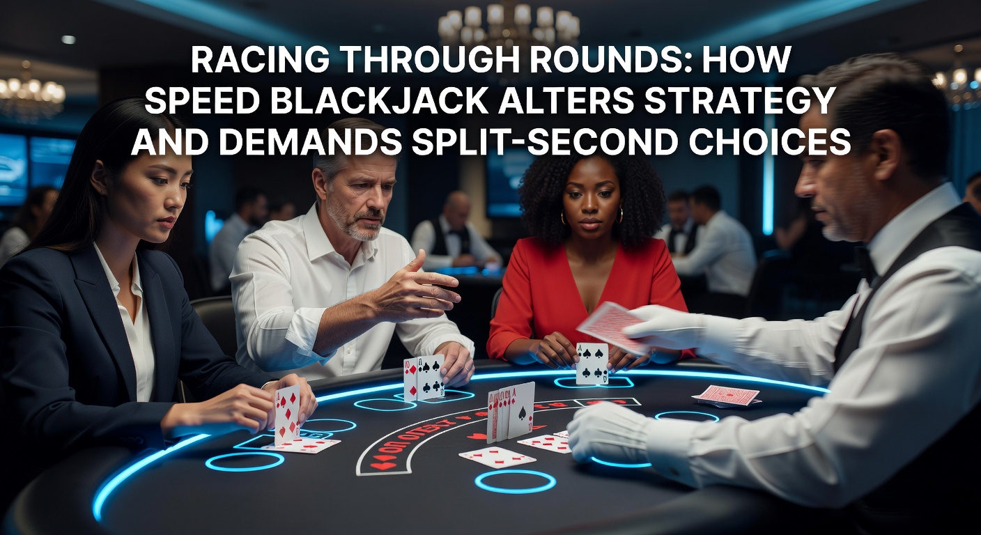 Dynamic speed blackjack table with cards flying and players making rapid decisions under bright casino lights