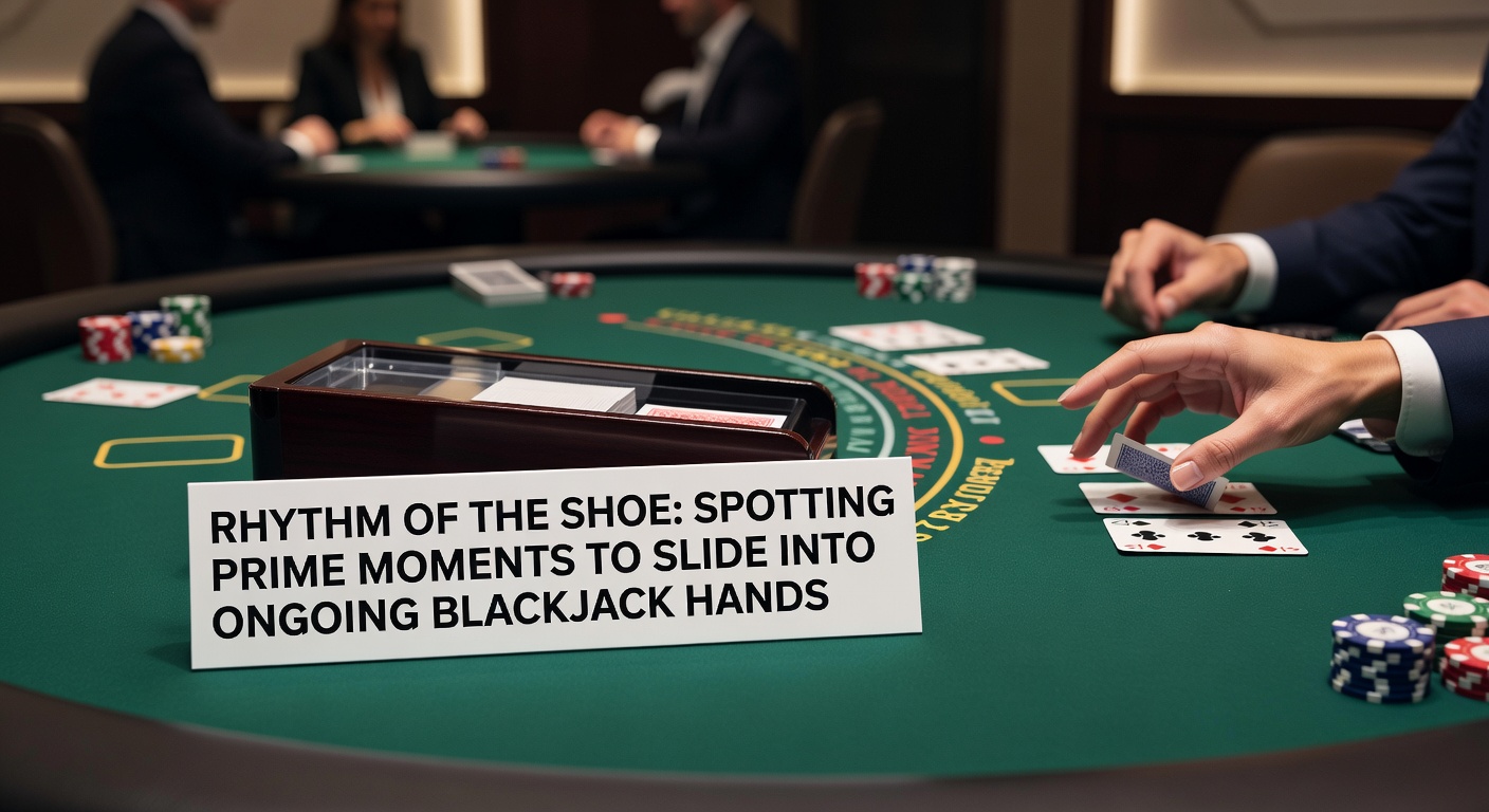 Dealer dealing from a multi-deck shoe at a bustling blackjack table, cards flying smoothly as players watch intently