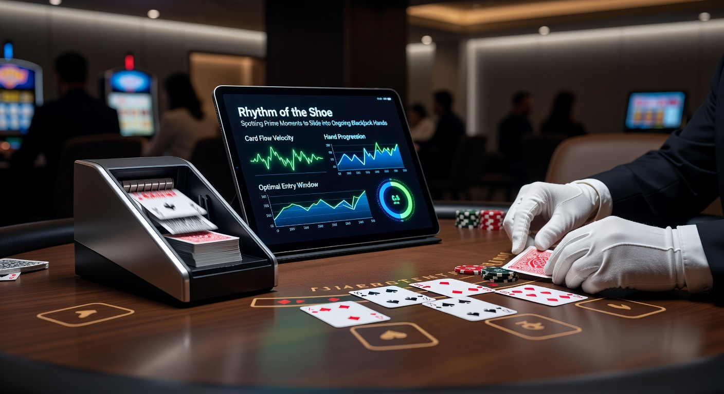 Close-up of a blackjack shoe mid-deal, discard tray filling with cards while players calculate their next move