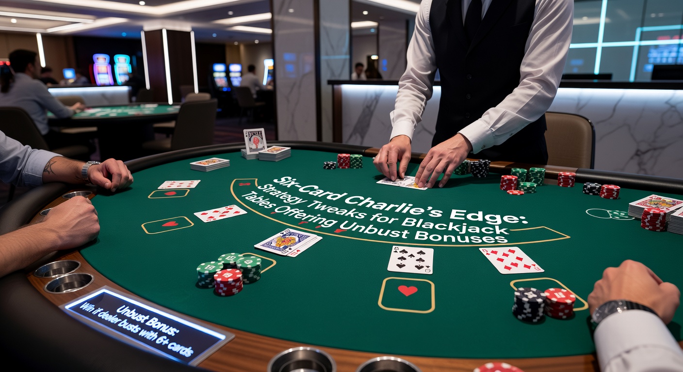 Close-up of a blackjack table featuring the Six-Card Charlie side bet marker amid chips and cards
