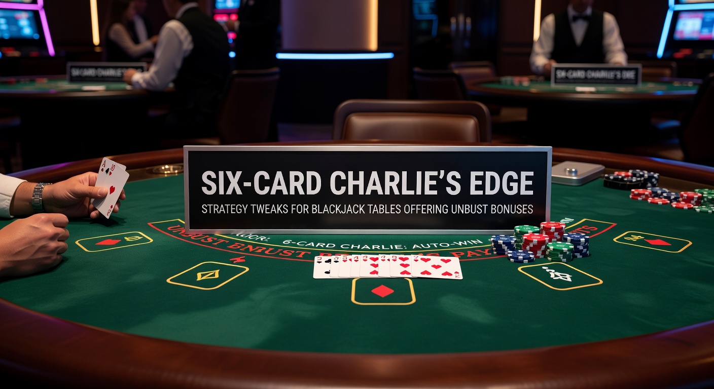 Strategy chart highlighting Six-Card Charlie adjustments next to a dealer dealing cards