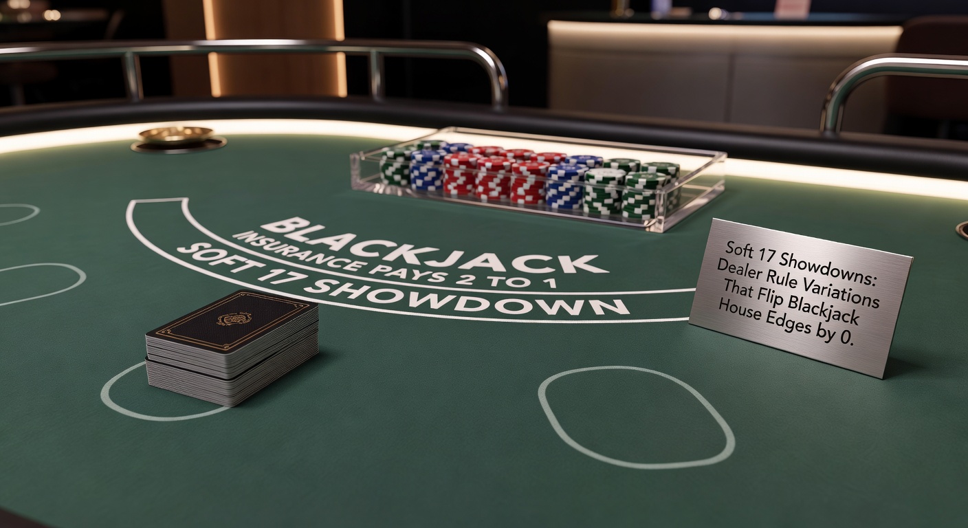 Dealer peeking at a soft 17 hand during a tense blackjack showdown on a bustling casino floor