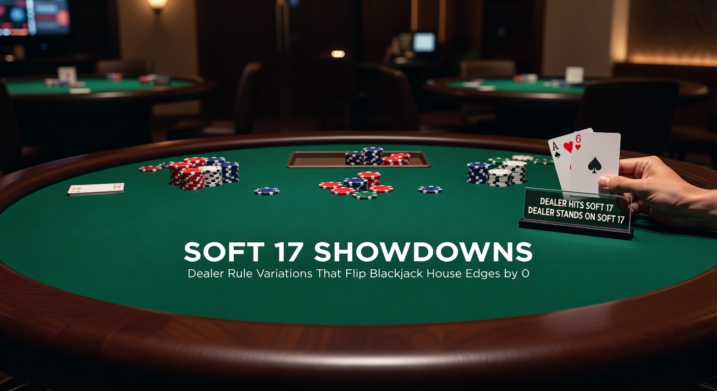 Close-up of a blackjack strategy chart highlighting adjustments for dealer soft 17 rules amid colorful casino chips