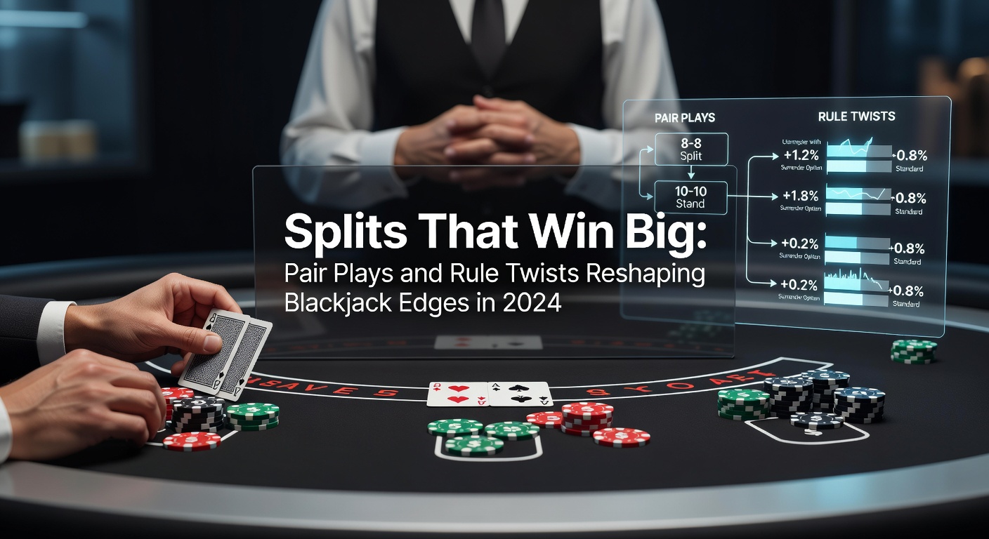 Close-up of a blackjack table showing a player splitting a pair of eights against a dealer's six, chips neatly stacked on each hand