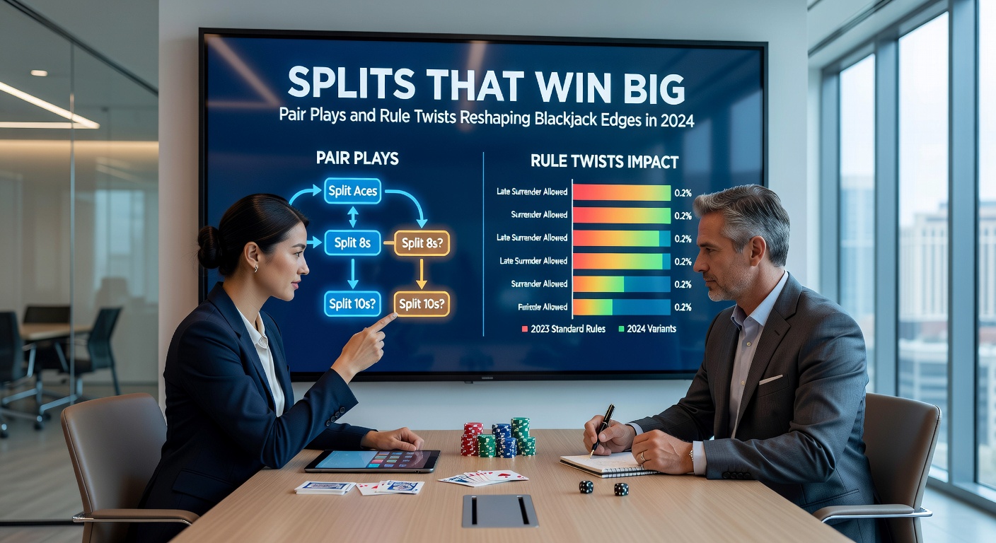 Digital blackjack interface highlighting split options with rule icons for DAS and resplitting, dealer showing a weak upcard