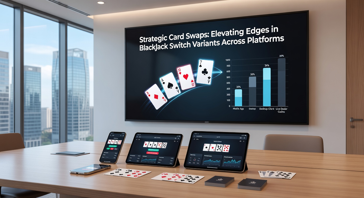 Digital interface of an online Blackjack Switch game showing mid-swap action across multiple platforms, with strategy charts overlaid for optimal decisions.