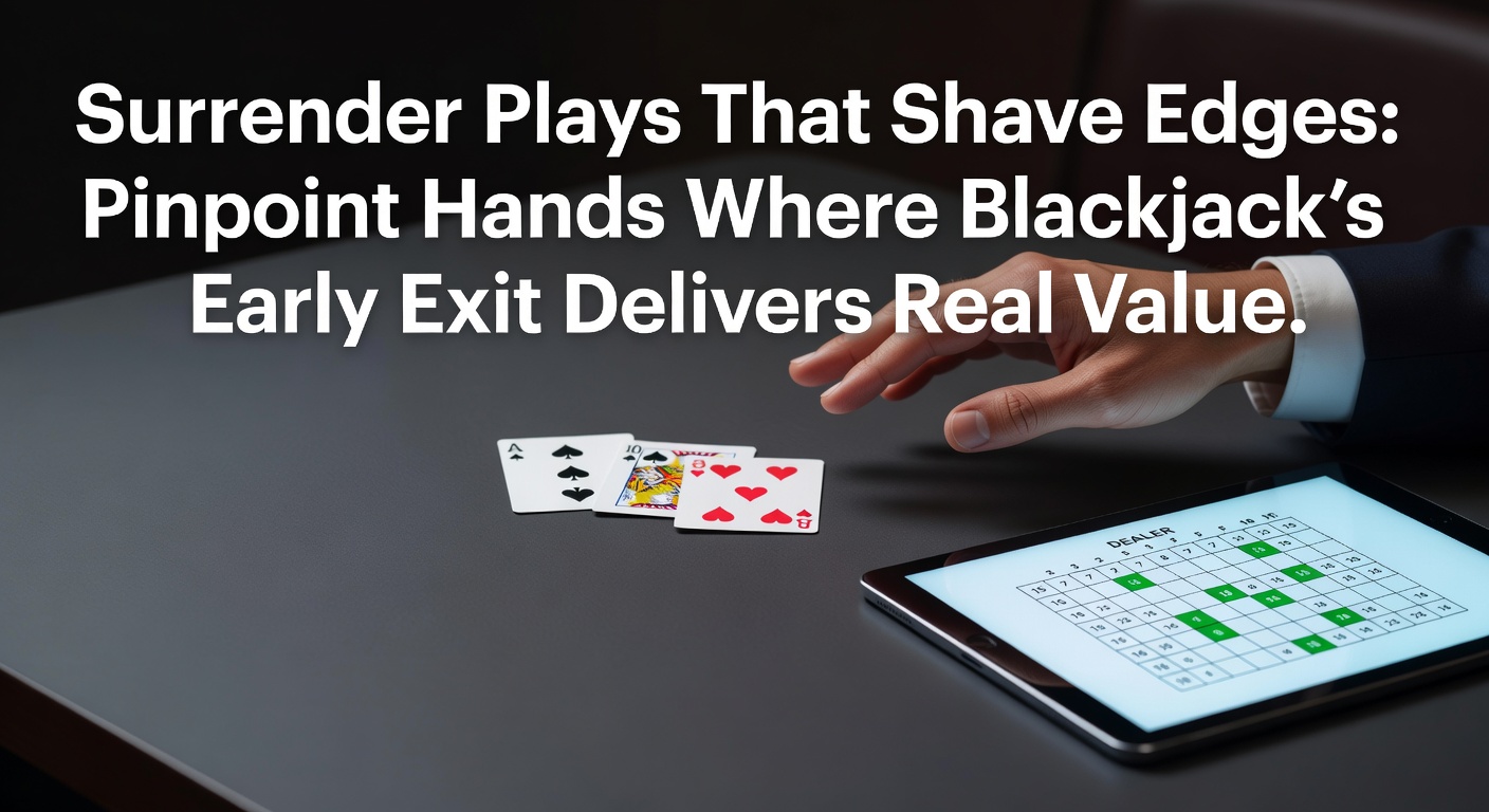 Blackjack table close-up with player chips and surrender signal against dealer's ten upcard, highlighting early exit option