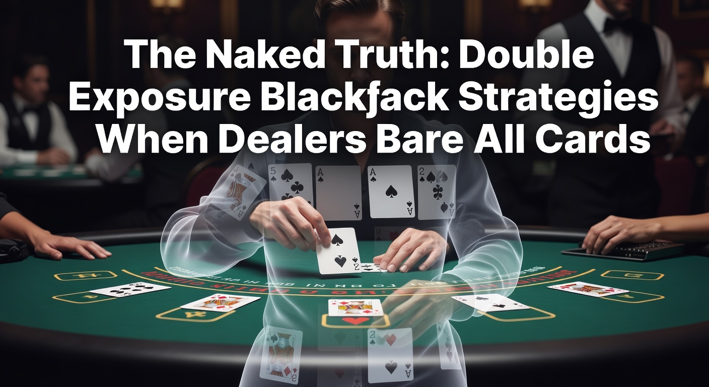 Close-up of a Double Exposure Blackjack table where the dealer's hole card lies fully exposed alongside the upcard, revealing a queen and ten