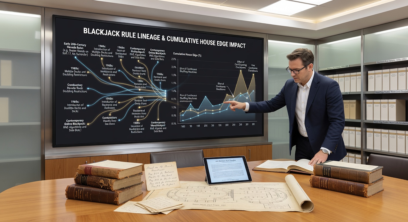 Historical comparison charts of blackjack house edges derived from casino archival data spanning 1950 to 2020