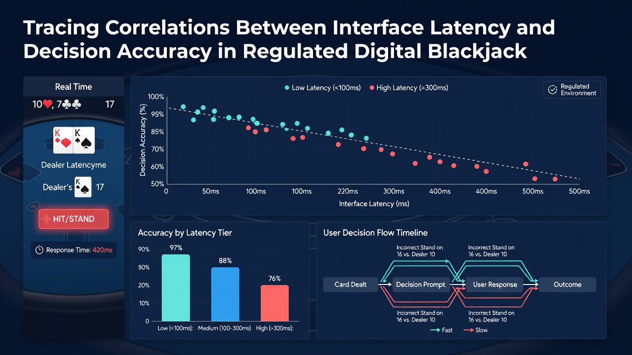 Graph overlay on blackjack table showing correlation curves between measured latency levels and recorded player decision accuracy rates