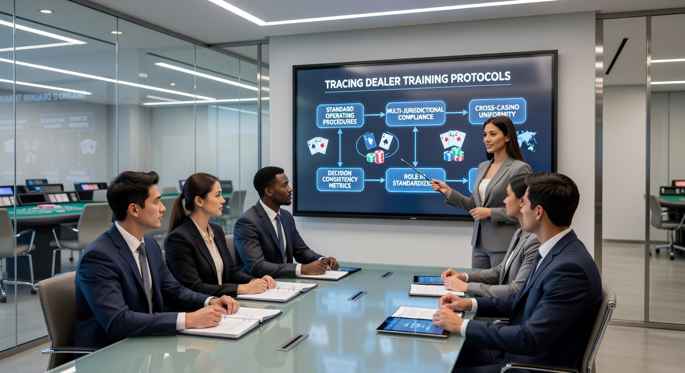 Casino dealer training session with multiple participants reviewing standardized procedures at a professional facility