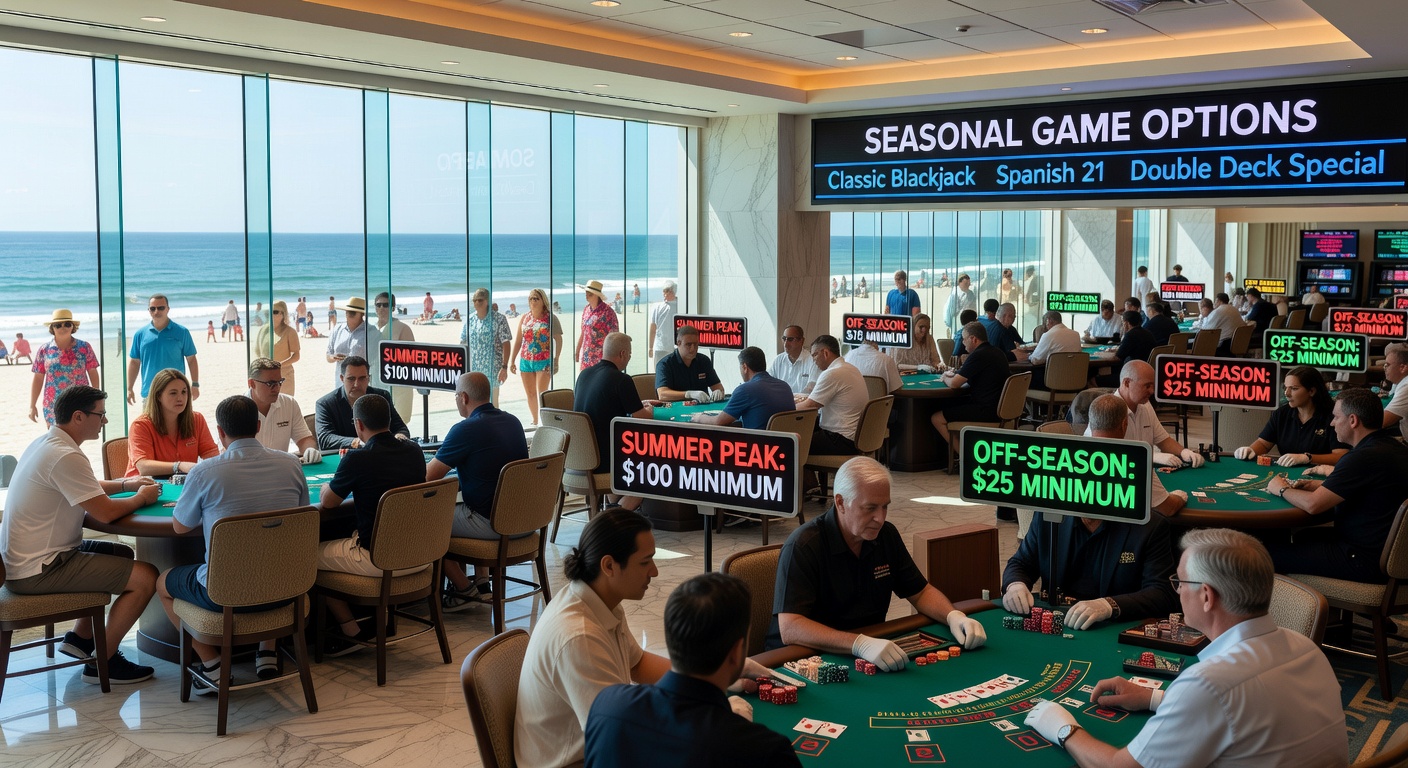 Blackjack tables in a busy coastal casino during peak tourist season with varied table limits visible