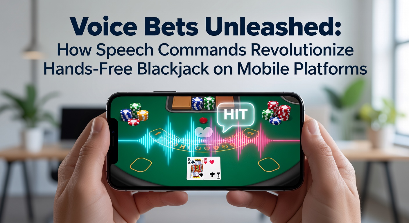 Mobile phone screen displaying a blackjack table with voice command overlay and speech bubble saying 'Hit me'
